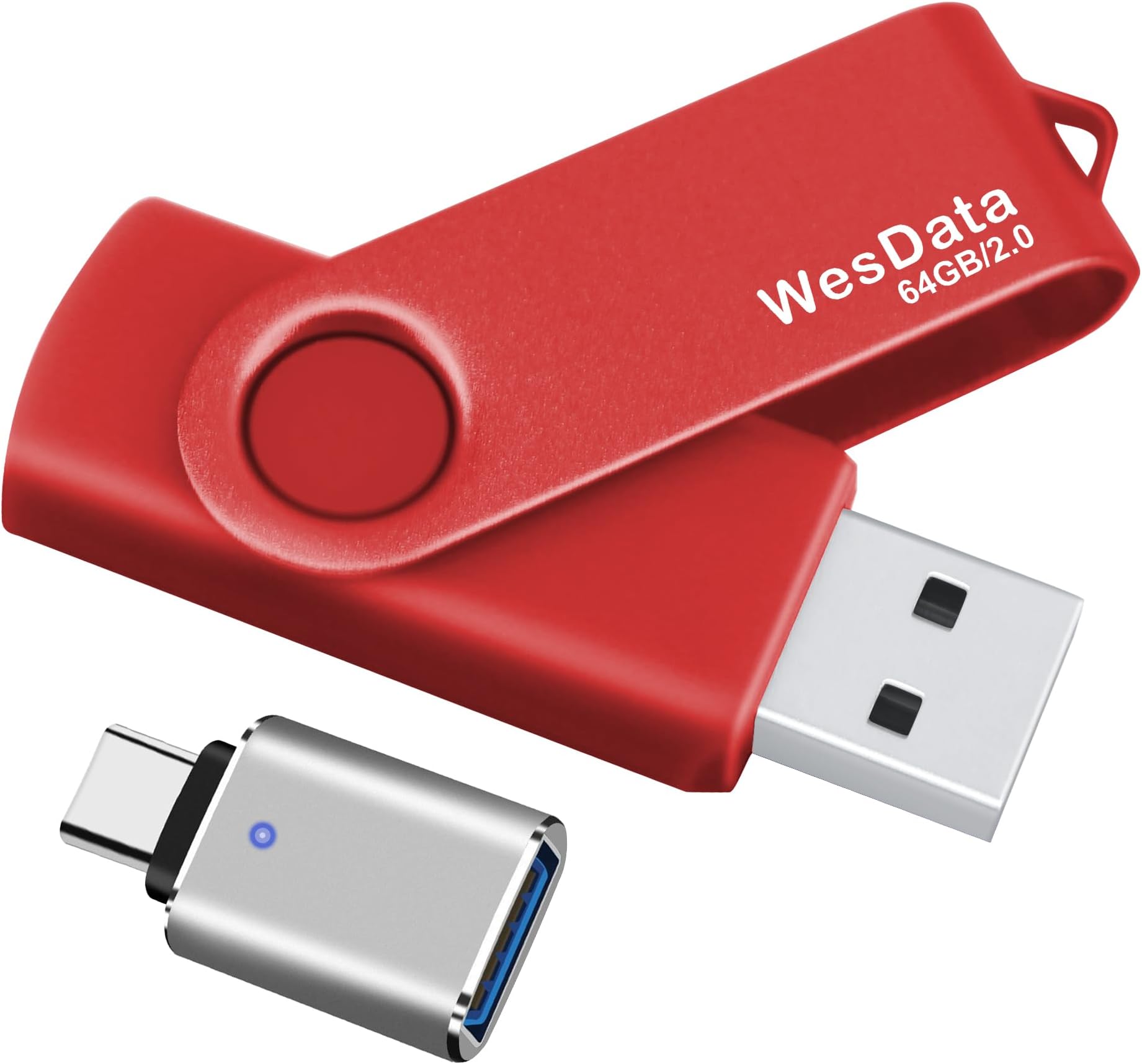 64GB USB 2.0 Flash Drive and 1 USB C Adapter, Thumb Drive USB Memory Stick Jump Drive, Compatible with OTG Type C Phones, Tablets, Laptop, PC (Red)