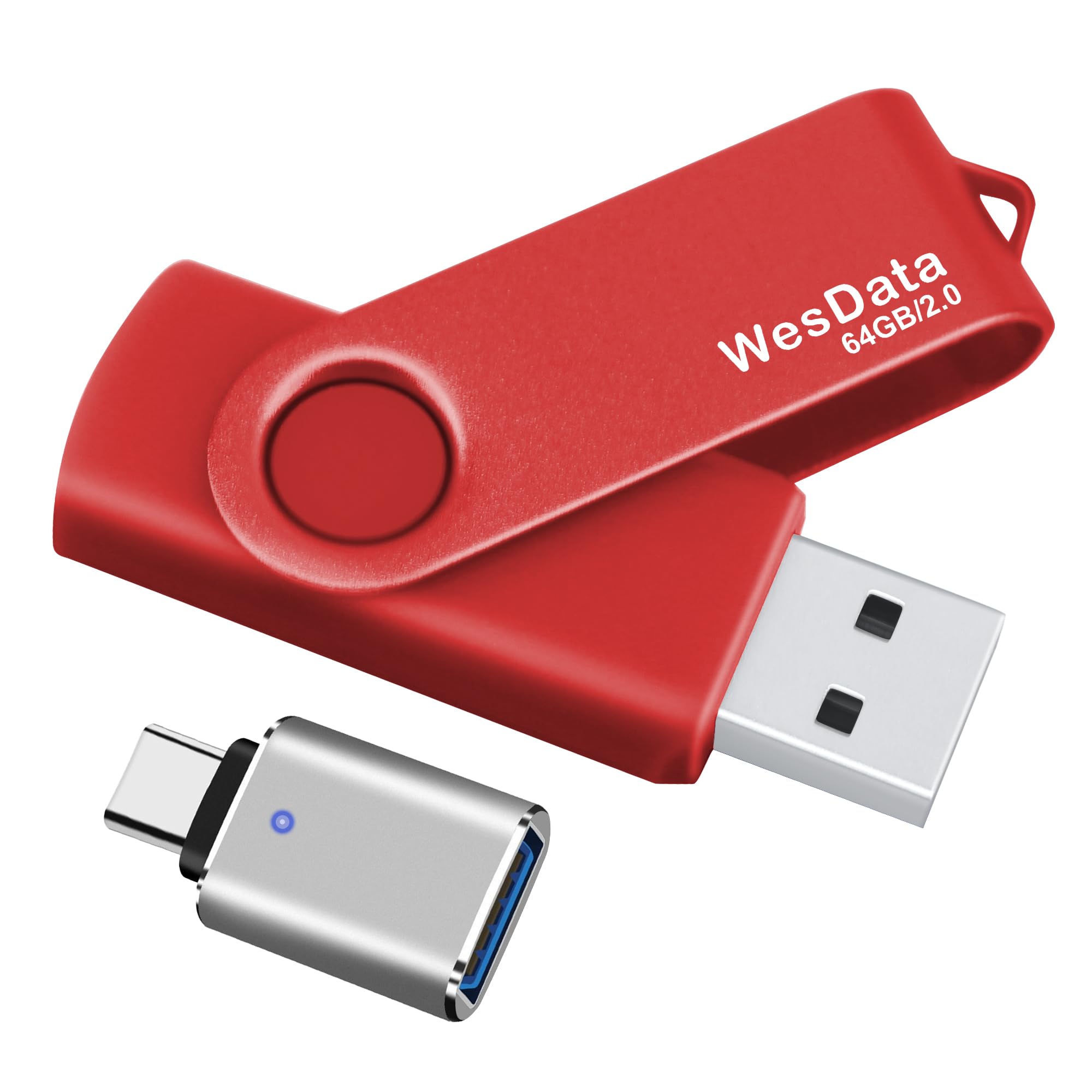 64GB USB 2.0 Flash Drive and 1 USB C Adapter, Thumb Drive USB Memory Stick Jump Drive, Compatible with OTG Type C Phones, Tablets, Laptop, PC (Red)