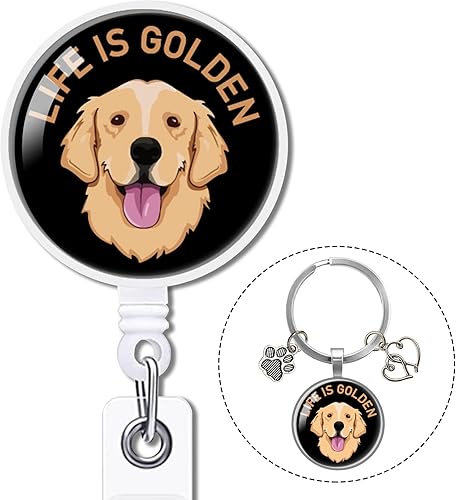 Golden Retriever - Juego de carrete retráctil y llavero Life is Golden Badge Reel con clip de cocodrilo, divertido soporte para tarjetas de
