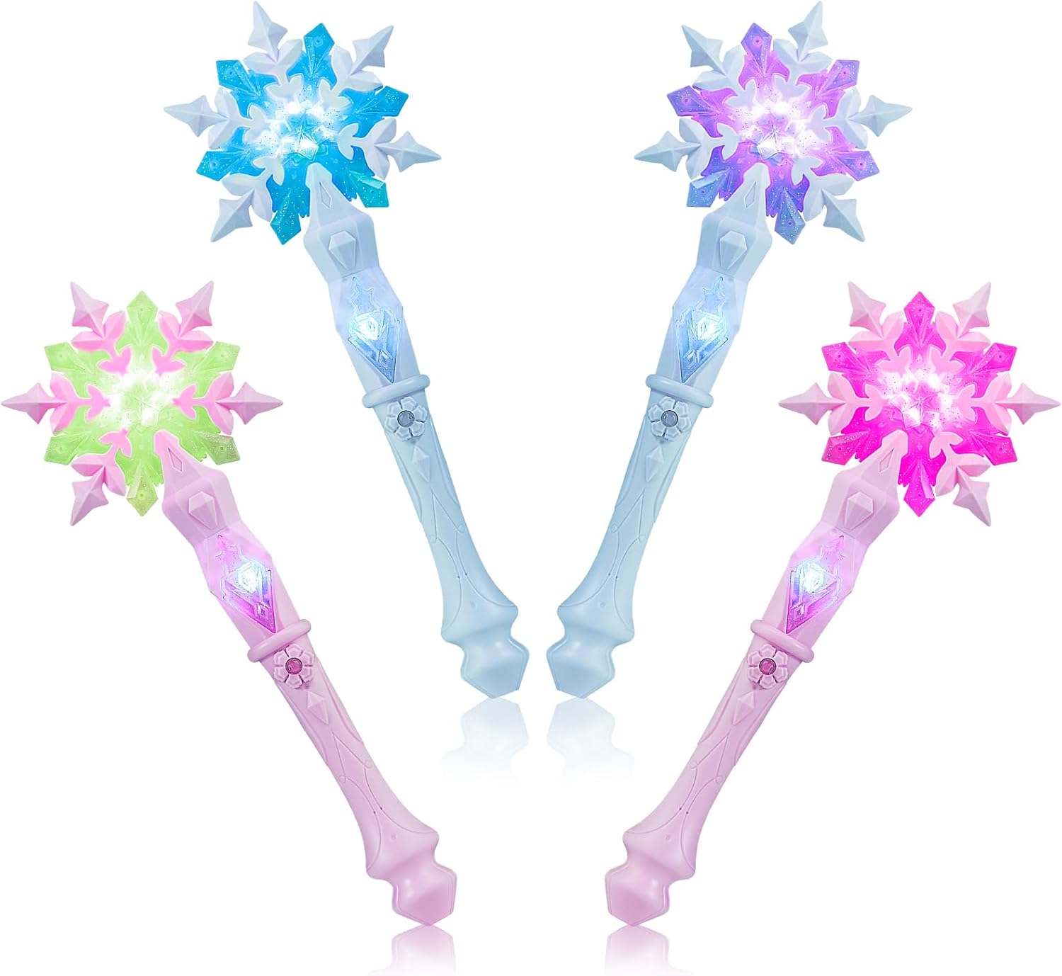 EnrichFun Light Up Frozen Snowflake Wand with Sound, Motion Sensitive Magic Princess Toys for Kids Girls Party Favors 4 Pieces, (2 Blue & 2 Pink)