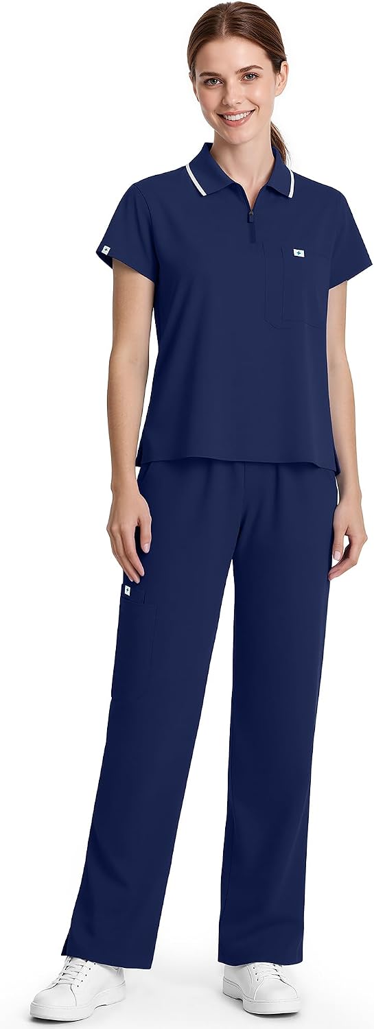 Nurse Scrubs for Women Set, Zipper Polo Top & Straight Leg Scrub Pants | 9-Pocket Medical Scrub Set, Cropped Top with Polo Design, Drawstring Elastic Waistband, Stretch Fabric for Easy Movement