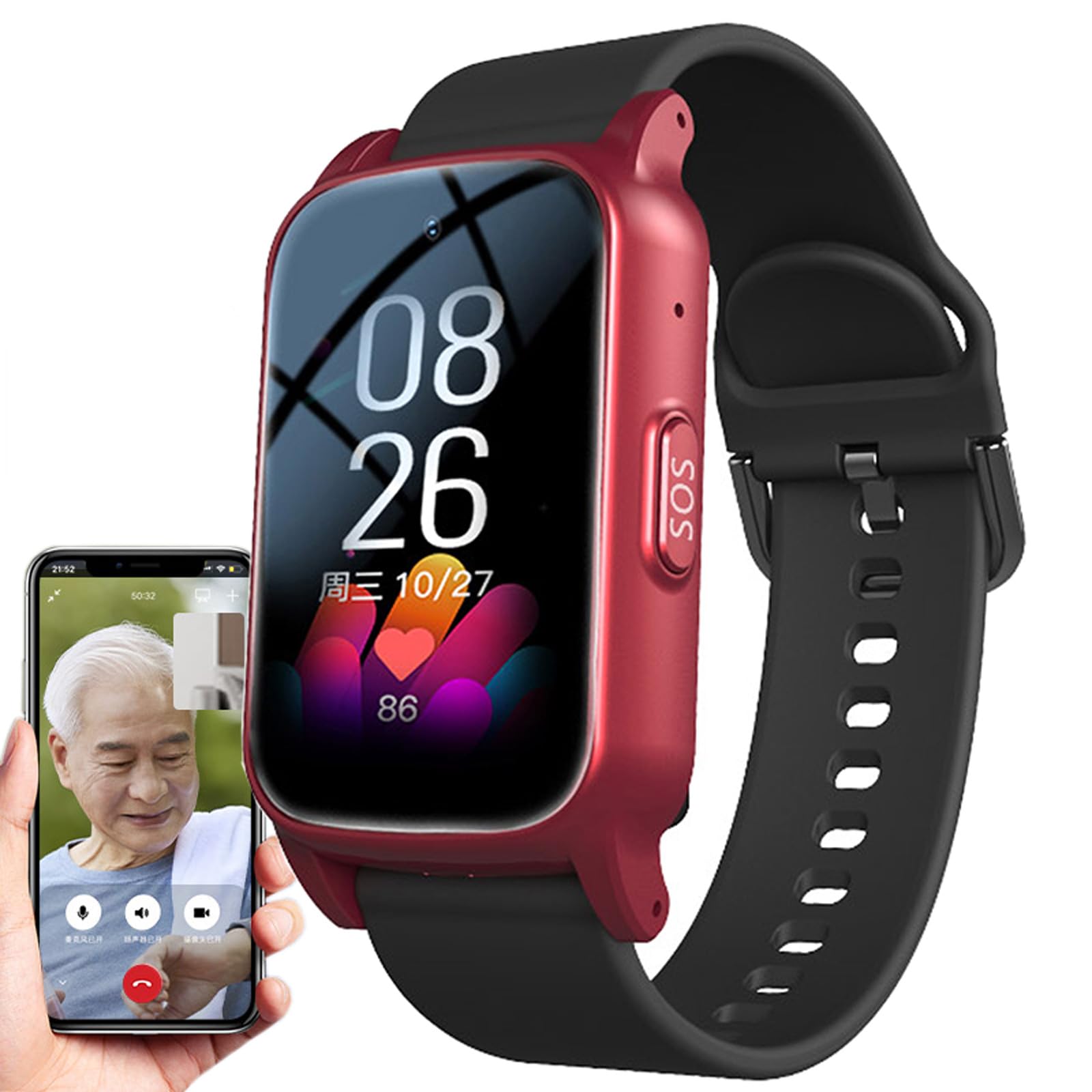 Smartwatch con rilevamento delle Cadute, Bracciale salvavita Anziani, avvisatori di Caduta per Anziani, Pulsante di Emergenza SOS & videochiamata HD e Monitor Salute,Red