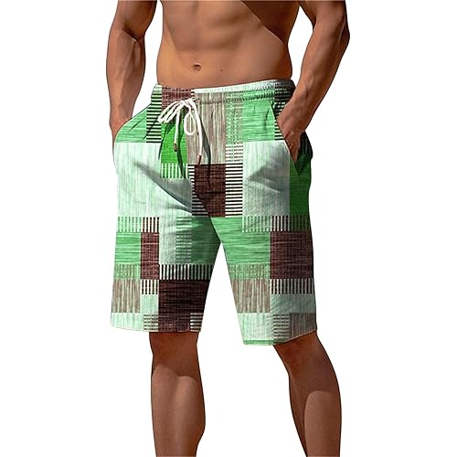 Mens Linen Plaid Bermuda Shorts Ethnic Pattern Jogger Shorts Summer Straight Drawstring Beach Short with Pockets