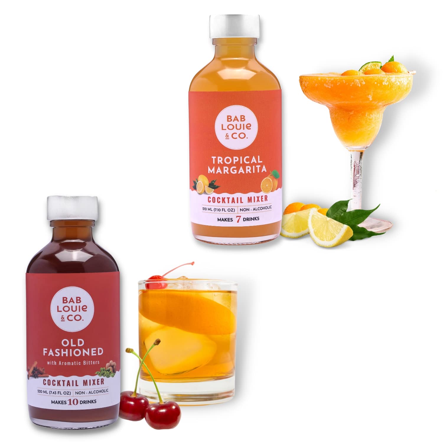 Bab Louie & Co. Cocktail Mixer Combo - Old Fashioned & Tropical Margarita, 100% Natural, Syrup for Vodka, Gin, Whiskey (Pack of 2)