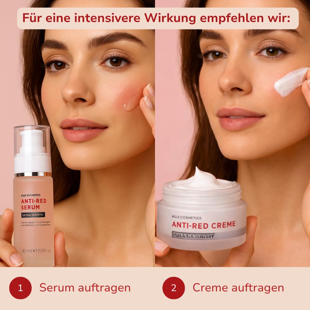 KU2 Cosmetics Anti-Red Set – Ultra Sensitiv Serum & Creme – Beruhigende Gesichtspflege gegen Rötungen & Irritationen – Mit Panthenol & Pflanzenextrakten, 30 ml + 50 ml