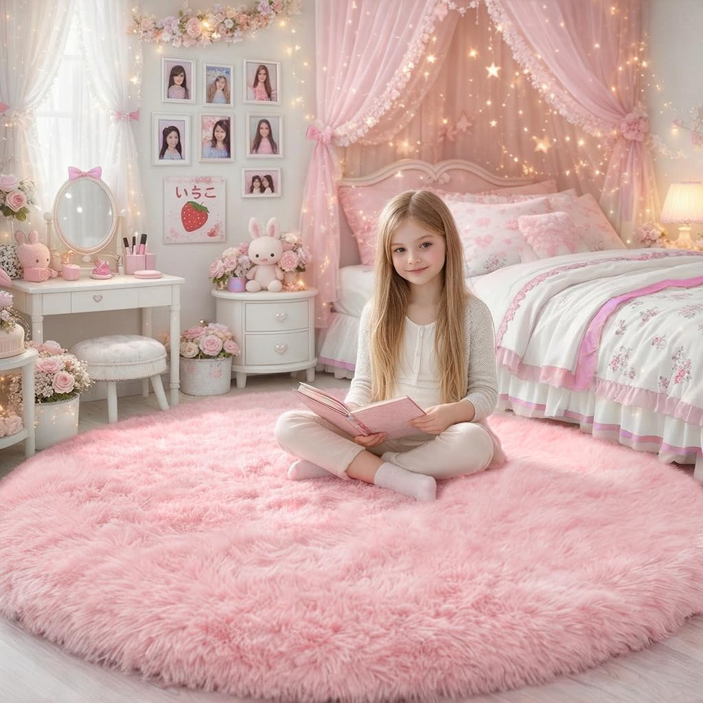 (1.5m x 1.5m, Pink) - Beige Round Rug for Bedroom,Fluffy Circle Rug 1.5mX1.5m for Kids Room,Furry Carpet for Teen's Room,Shaggy Throw Rug for Nursery Room,Fuzzy Plush Rug for Dorm,Beige Carpet,Cute...
