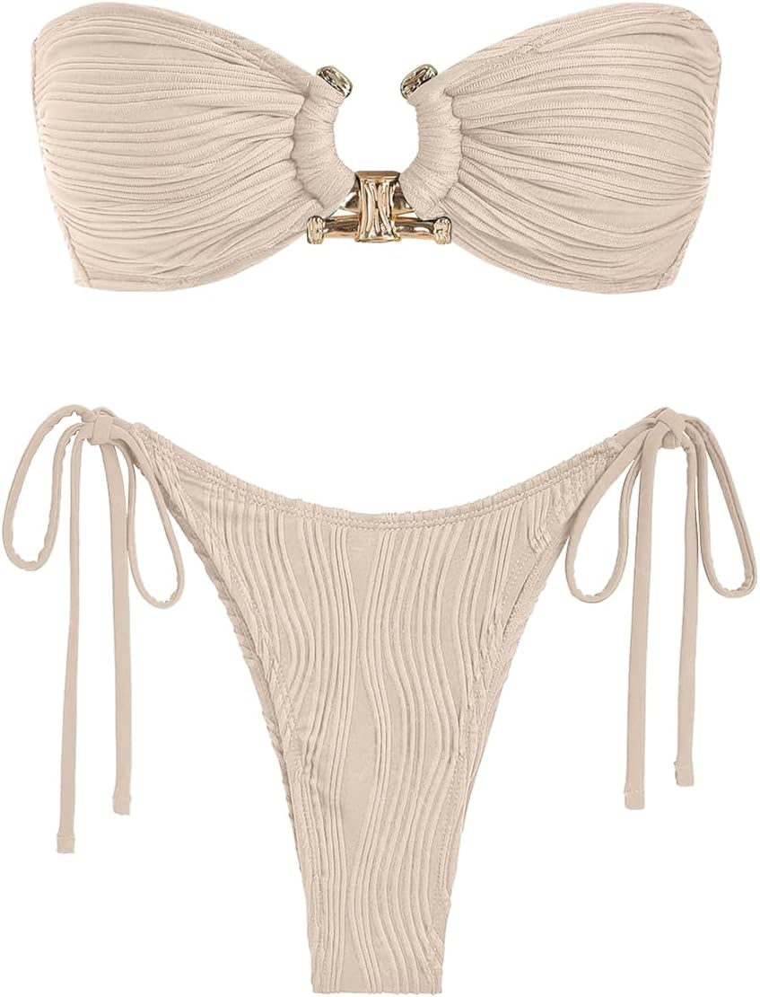 ZAFUL Women Bikini Sets Ribbed Textured Metal Two Piece Adjustable Tie Back Bandeau Bathing Suit Tie Side High Cut Swimsuit