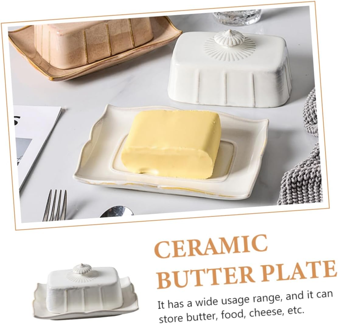Ceramic Butter Dish with Lid Rectangular Decorative Butter Plate Tray for Kitchen Hotel Restaurant Use Microwave and Refrigerator Safe Freshness Preserving Food Storage Container