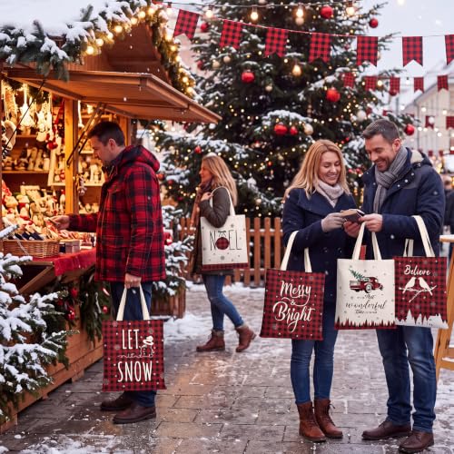 Image of Paterr 12 Pcs Christmas Canvas Tote Bags Bulk Reusable Red Black Buffalo Plaid Christmas Gift Bags with Handles Xmas Tree Reindeer Truck Canvas Handbags for Women Xmas Gifts Farmhouse Party Decor