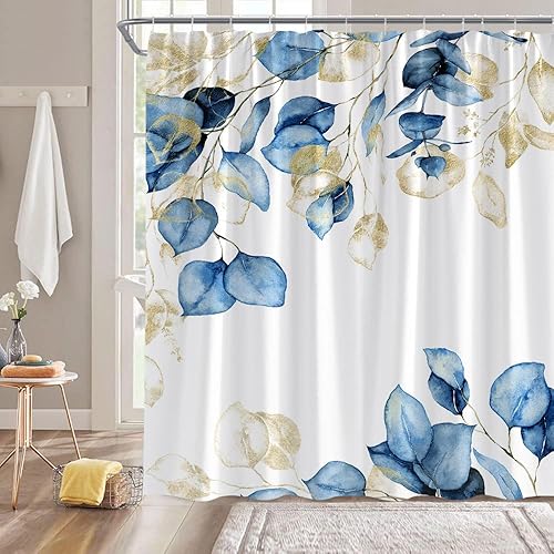 Miniatura 1 de Cortina de ducha de hojas azules doradas, hojas de eucalipto, acuarela, botánica, floral, naturaleza, rústico, cortina de ducha de tela con ganchos