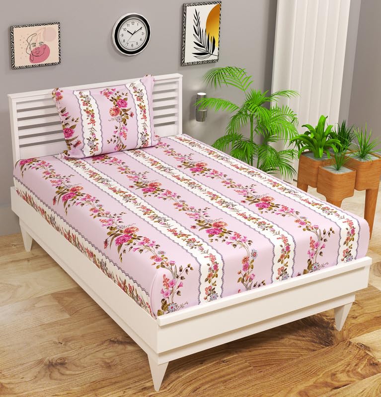 BSB HOME Pure Cotton 220 tc Flat Single | Diwan | Coat Bed Bedsheets for Summer Breathable | Wrinklefree (Size-60 X 90 Inch) with 1 Pillow Covers (Size-17 X 27 Inches, Floral, Pink)
