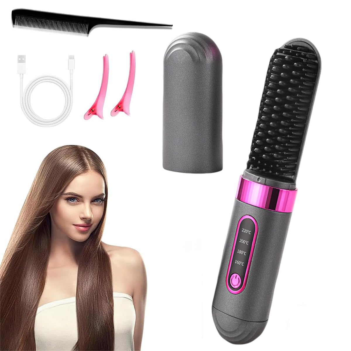 Brosse Lissante Sans Fil, Chauffage Céramique MCH Fer à Lisser 4 Réglages De Température Avec Soin Capillaire Aux Ions Négatifs Vitesse De Lissage 2 Fois Plus Rapide pour Travel
