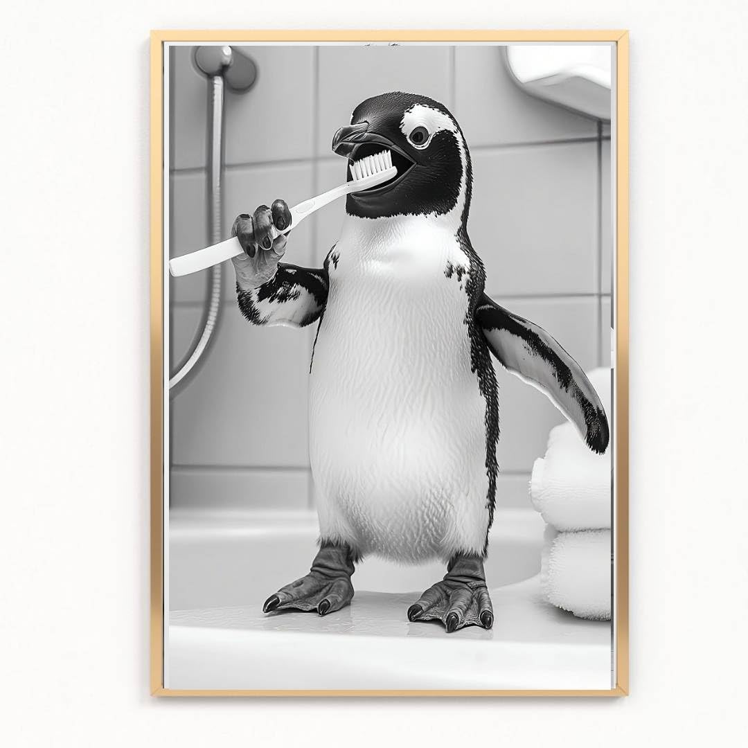 gfc FUNNY BATHROOM penguin BRUSHING TEETH A4 UNFRAMED PRINT PICTURE wall art Home decor Decorating