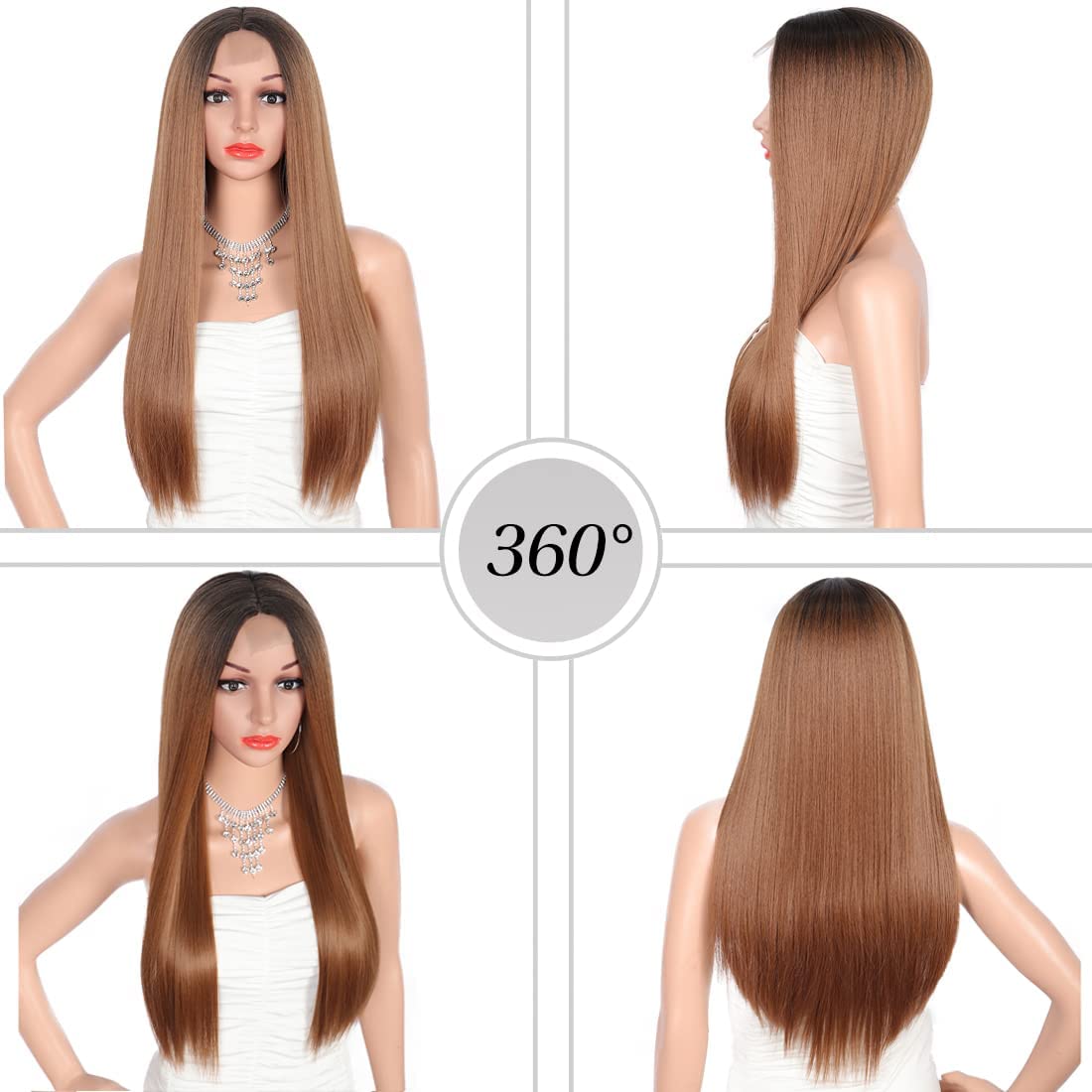 Kalyss 26" Long Straight Synthetic Edge Lace Front Wig for Woman ombre auburn brown Middle Parted with Dark Roots Natural Looking Women' s Frontal Lace Hair Wigs