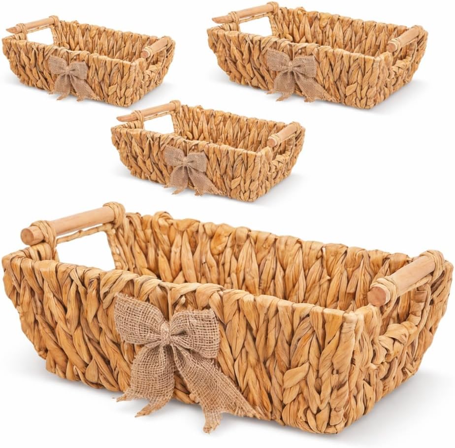 Bow Handwoven Water Hyacinth Storage Baskets with Wooden Handles & Burlap Bow, 12''L x 8''W x 4.8''H Decorative Shelf Organizer, Gift Basket Base, 4 Pack