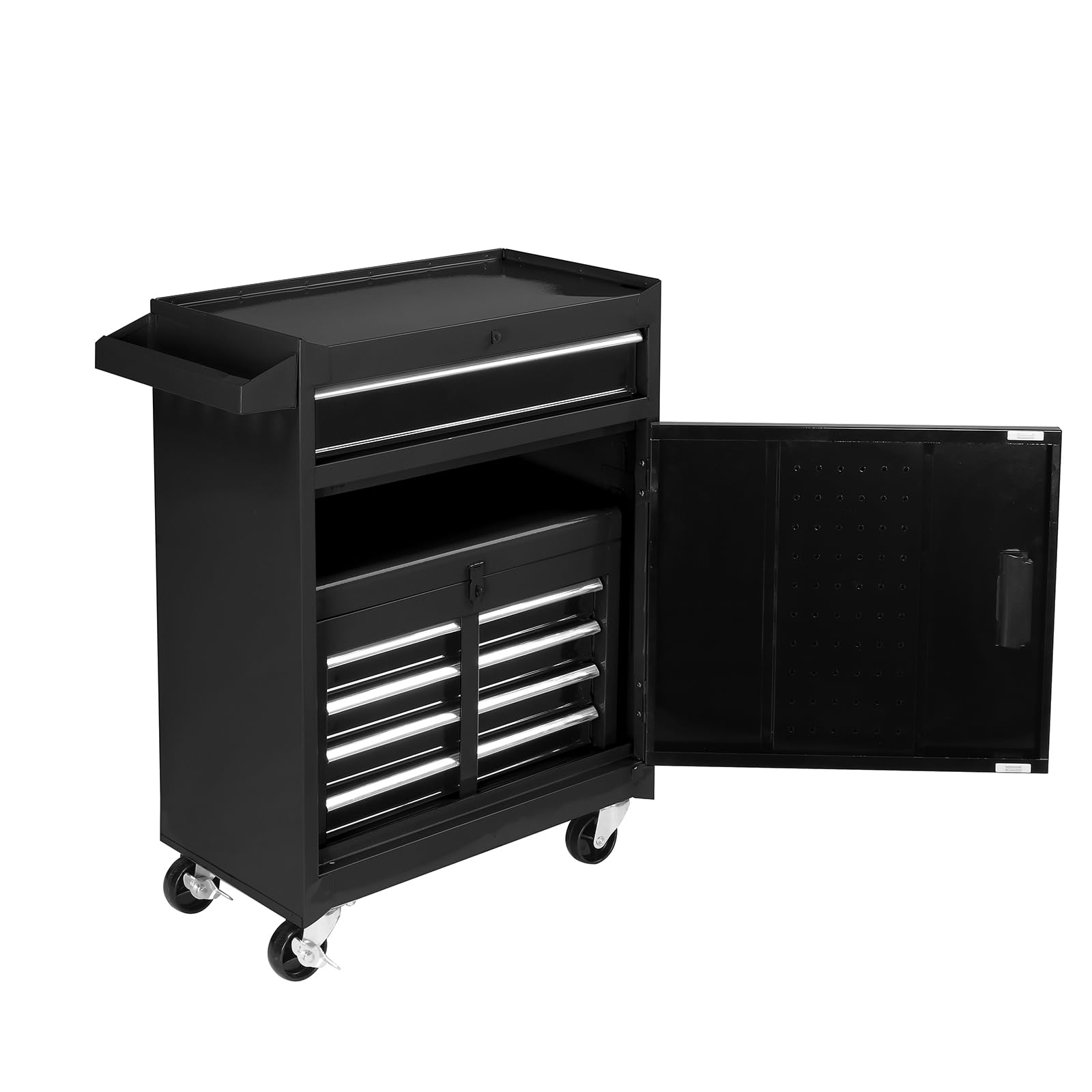 Bonnlo 2 in 1 Werkstattwagen mit 1 verstellbare Schrank & 5 Schubladen,Werkzeugwagen mit seitliche Werkzeugablage,Schnalle, Griff, Schubladensperrstange, Werkstattschrank 58x33.5x70 cm, Schwarz