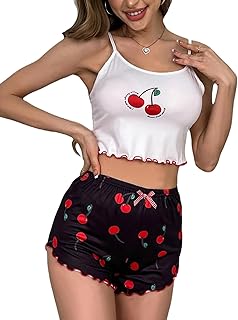 One Size Cherry Printed Suspender Crop Top Shorts Pajama