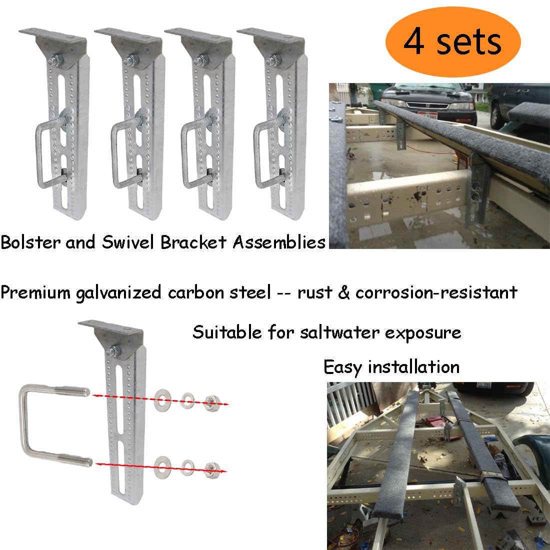 4 Sets 8in Heavy Duty Galvanized Swivel Top Boat Trailer Bunk Brackets with Hardware for 2