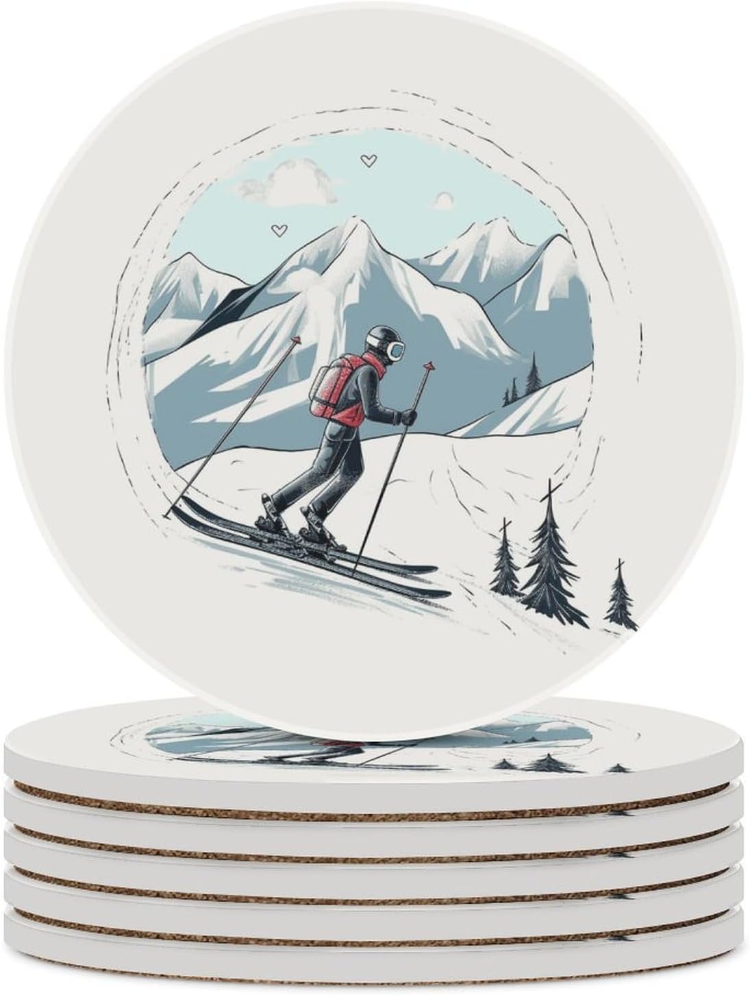 Skiing Theme Coaster with Cork Base Drink Coasters for Coffee Table Decor Modern Cup Coasters with Non-Slip & Heat-Resistant Cute Ceramic Table Coaster for Home Dining