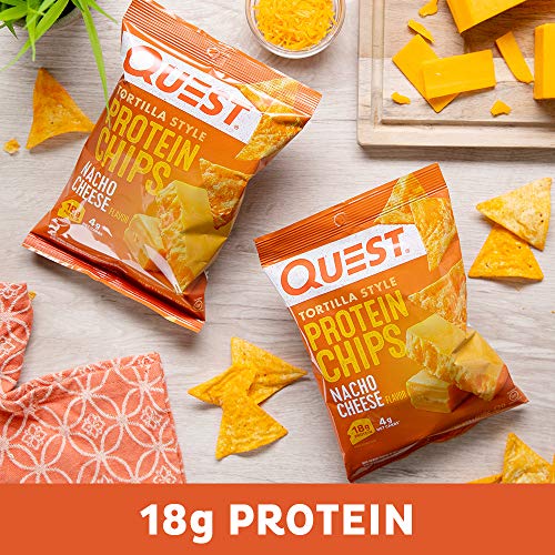 Image of Quest Nutrition Protein Tortilla Chips, Nacho Cheese, 18g Protein, 4g Net Carbs, 150 Calories, Low Carb, Gluten Free, Soy Free, Potato Free, Baked, 1.1oz Bag, Single Sample