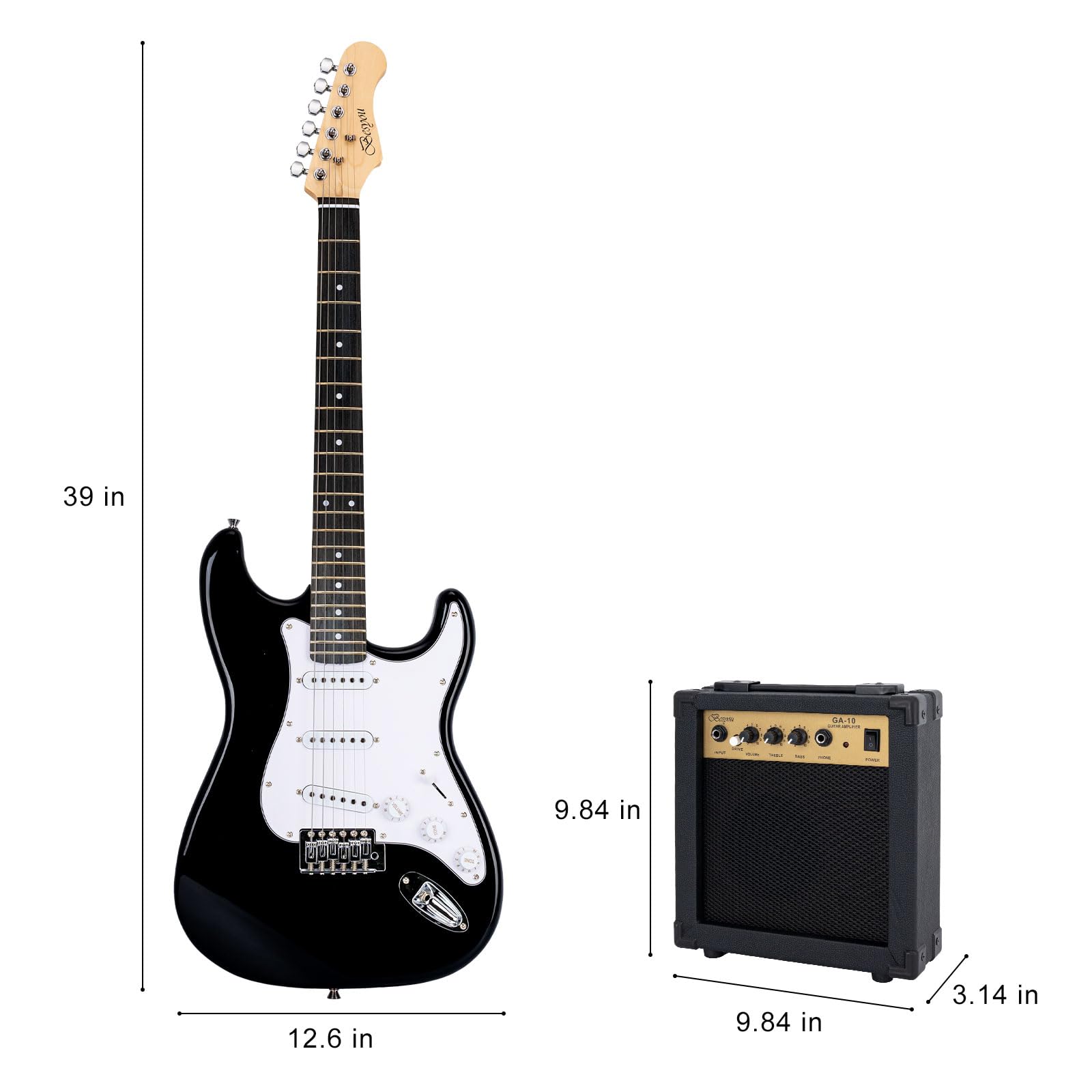 E-Gitarre 39 Zoll Anfänger E-Gitarre Kits mit Verstärker Classic SSS Tonabnehmer Komplett mit Gigbag Tuner Kapodaster Gurt Plektren Gitarrensaitenwickler Schwarz