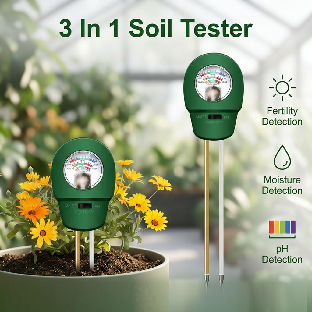 Medidor Humedad Plantas 3 en 1, Medidor pH Tierra Digital, Higrómetro Suelo Profesional para Test pH Suelo, Temperatura y Luz en Jardín, Césped y Macetas,no requiere pilas