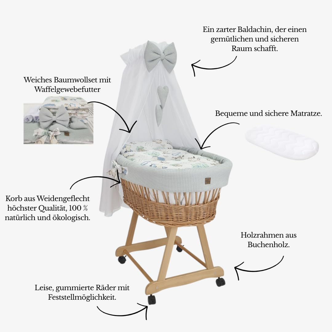 kosz Mojżesza z baldachimem Lena – wózek wiklinowy z wikliny ze stelażem – kosz dla niemowląt w kolorze naturalnym, kompletny zestaw z 5-częściową pościelą waflową, jeż i przyjaciele, szary