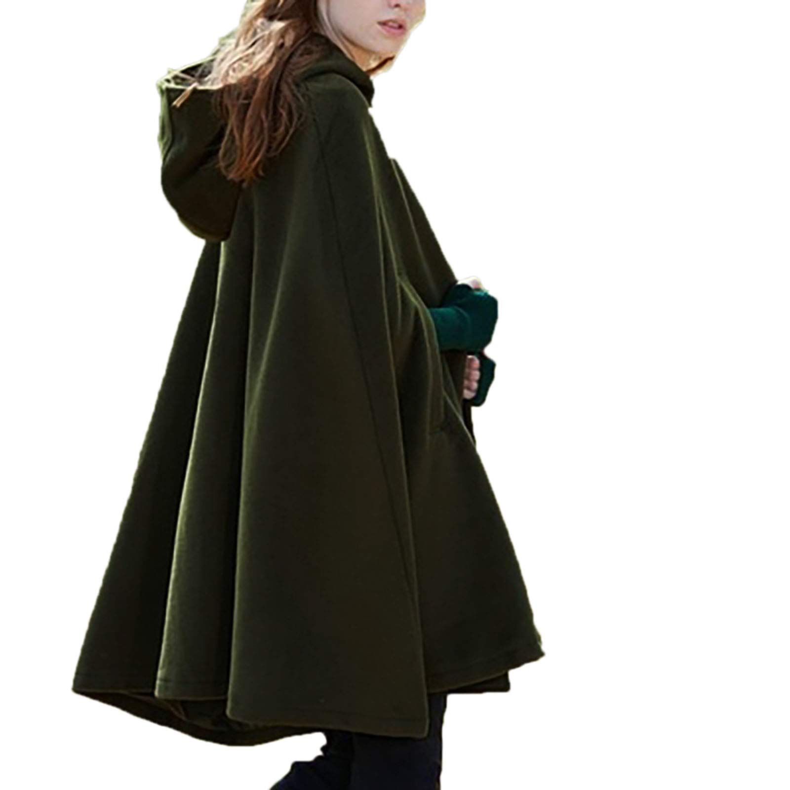 keephen Women's Cute Batwing-Sleeve Gothic Hooded Baggy Poncho Cape Cardigans Outwear Cloak Green