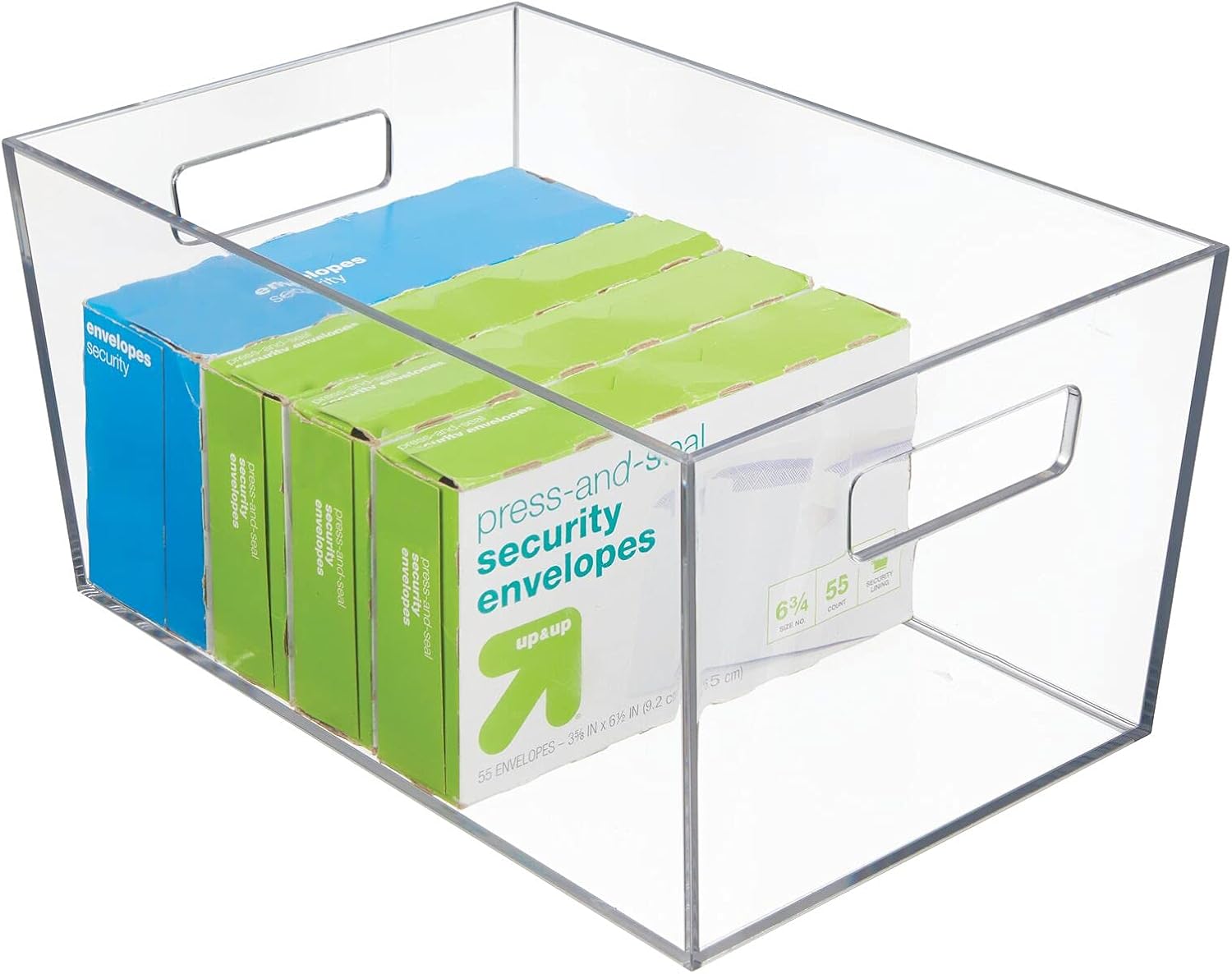 mDesign Plastic Storage Bin with Handles for Office, Desk, Book Shelf, Filing Cabinet - Organizer for Sticky Notes, Pens, Notepads, Pencils, Supplies - 4 Pack - Clear: Home & Kitchen