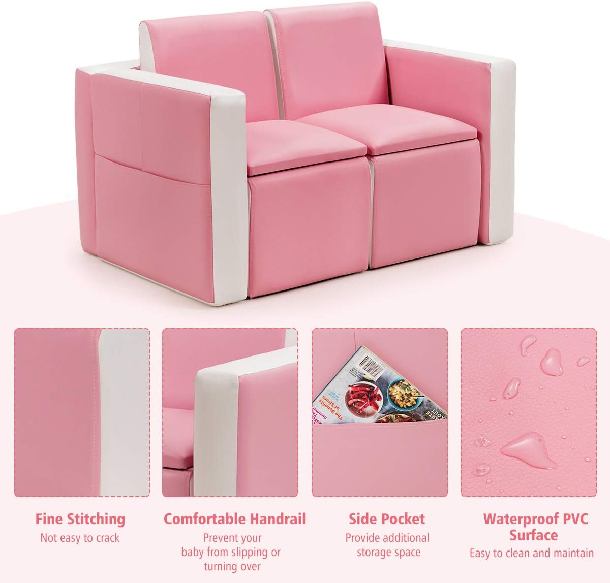 HONEY JOY 2-in-1 Convertible Kids Sofa, PVC Leather Toddler Couch Lounger Bed, Multifunctional Padded Armchair w/Wooden Frame, Double Seat with Storage Space