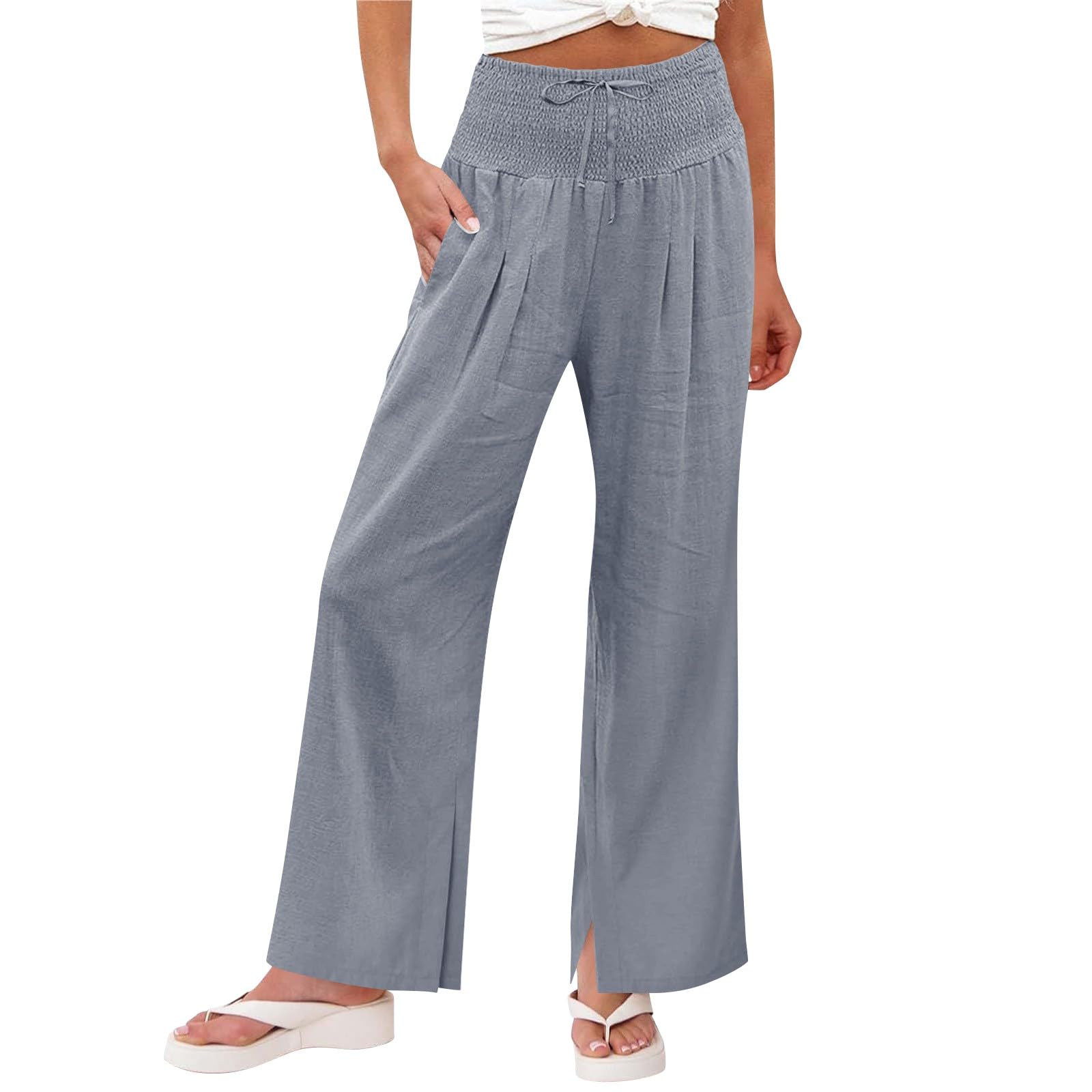 Linen Pants Women 2026 Summer Wide Leg Palazzo Pants High Waist Travel Flowy Trousers with Pockets Vacation Clothes — view 7
