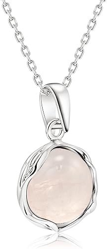 Miniatura 1 de 925 Sterling Silver Rose Quartz Necklace - Dainty 12mm Round Shiny Light Pink Rose Quartz, Real Natural Gemstone Pendant, Delicate Ornamented