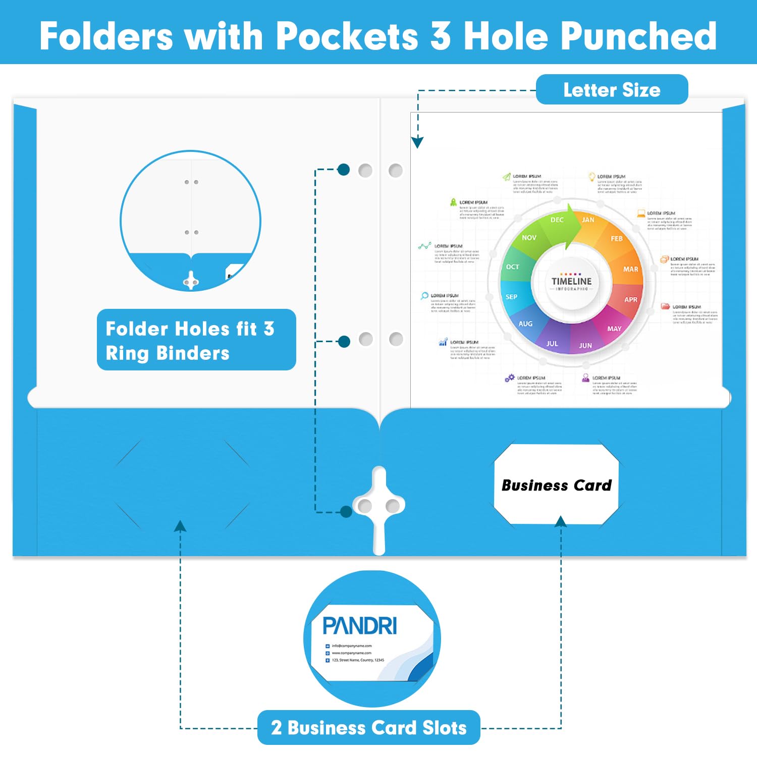 Two Pocket Portfolio Folders, PANDRI 60 Pack 3 Hole Punched 2 Pocket Folders for 3-Ring Binder, Letter Size Paper File Folder for School Office Home Business, Assorted 6 Colors