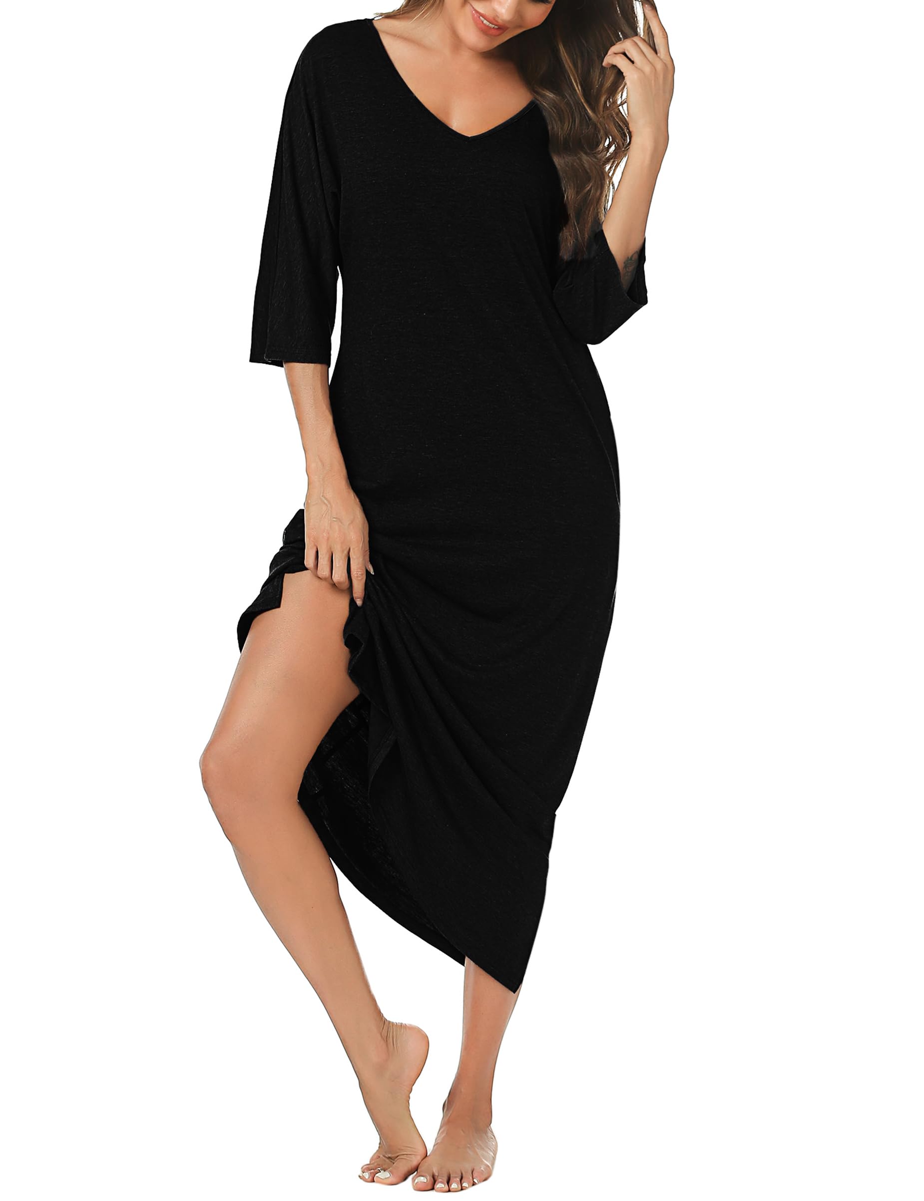 Uniexcosm Nachthemd Damen Lange Baumwolle 3/4 Ärmel Nachtkleid Nachtwäsche V-Ausschnitt Freizeitkleid Loose Fit Sleepshirt Sleepwear mit Taschen