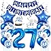 Daimay 27th Birthday Party Decorations Blue Happy Birthday Banner Flag Latex Confetti Balloons Number 27 Foil Balloon Star Mylar Balloons Cake Topper for Men Women Anniversary Party Supplies