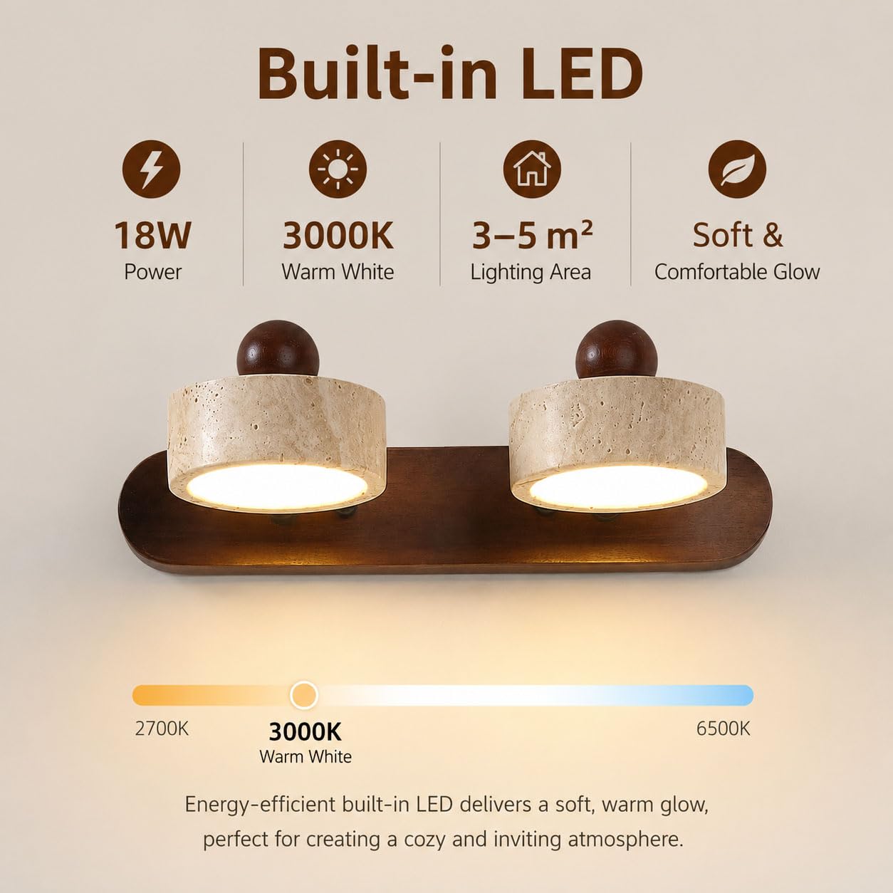 Spiegelleuchte Bad aus Naturtravertin und Massivholz, LED Badlampe über Spiegel, 2/3/4 Leuchtenköpfe, 3000 K Warmgelbes, 180° drehbar, Walnuss/Naturholz, für Schminktisch,Walnut color,2 Light