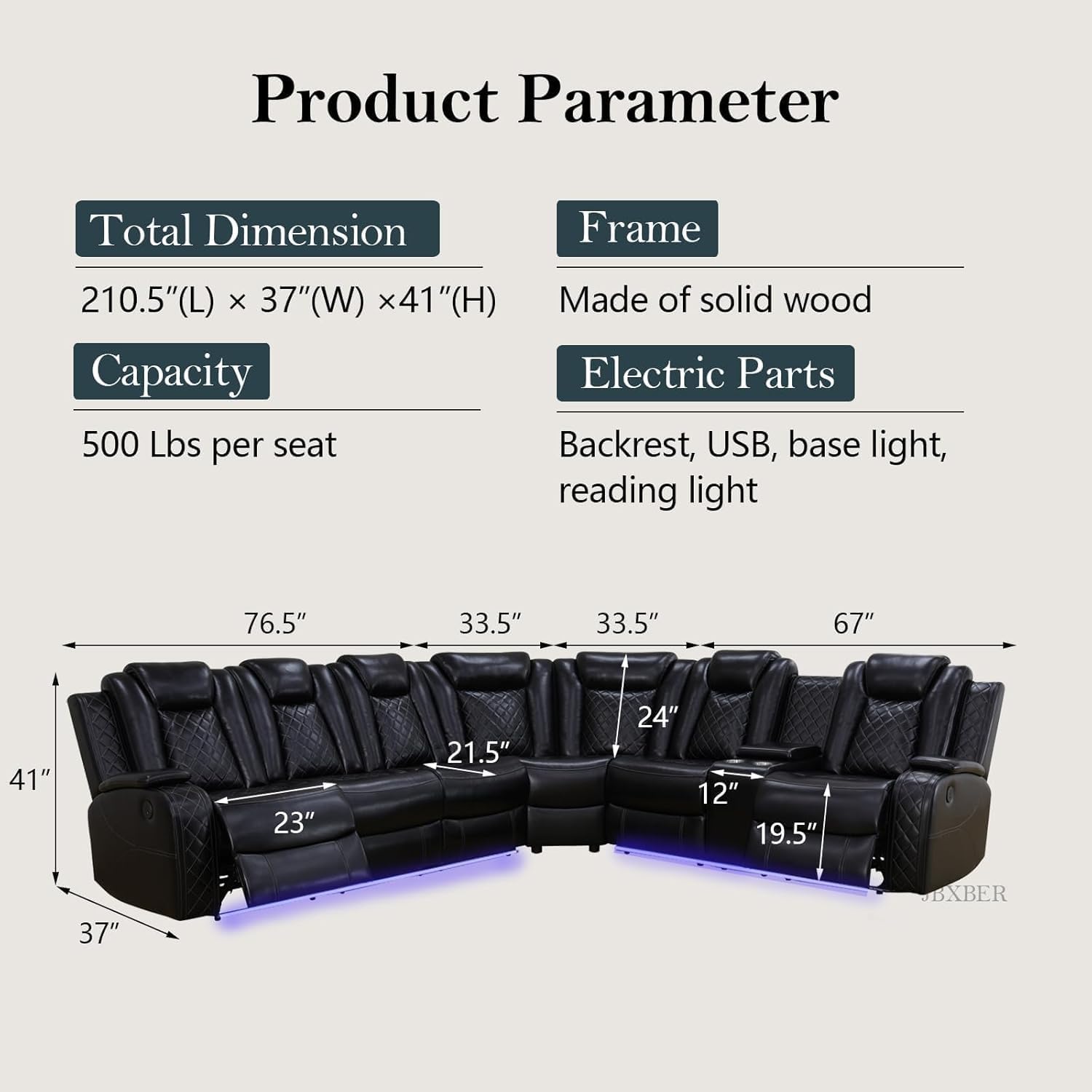 Power Recliner Sectional Sofa Set, Black Leather Sectional Couch for Living Room, L Shape Reclining Sofa with Cup Holder, Hidden Storage, Coffee Table for House(6 Seat)