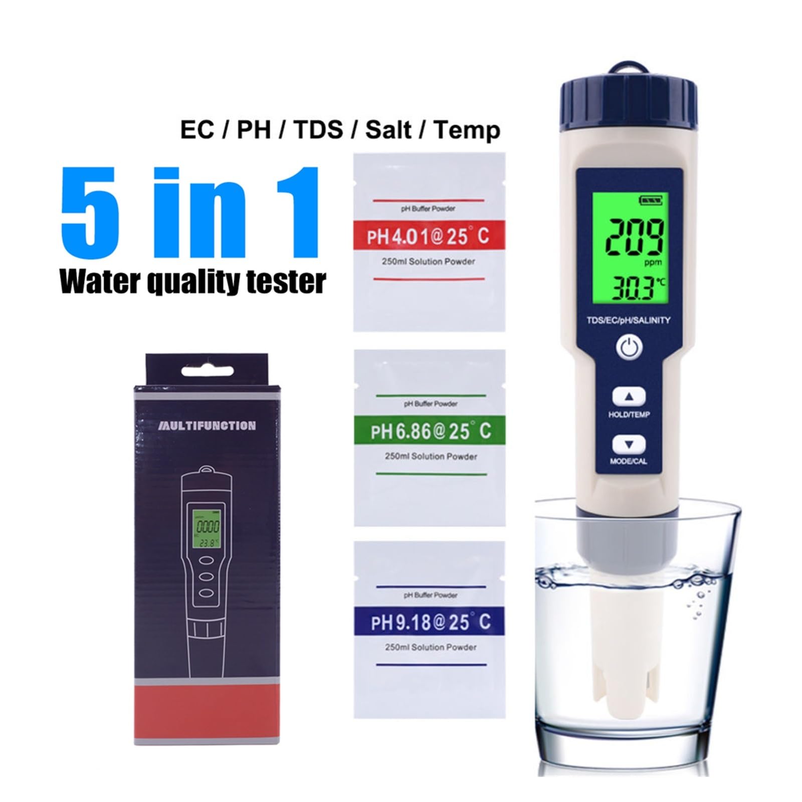 Amazon | 水質測定器 5in1 機能水質計 PH 塩分 TDS EC テスター