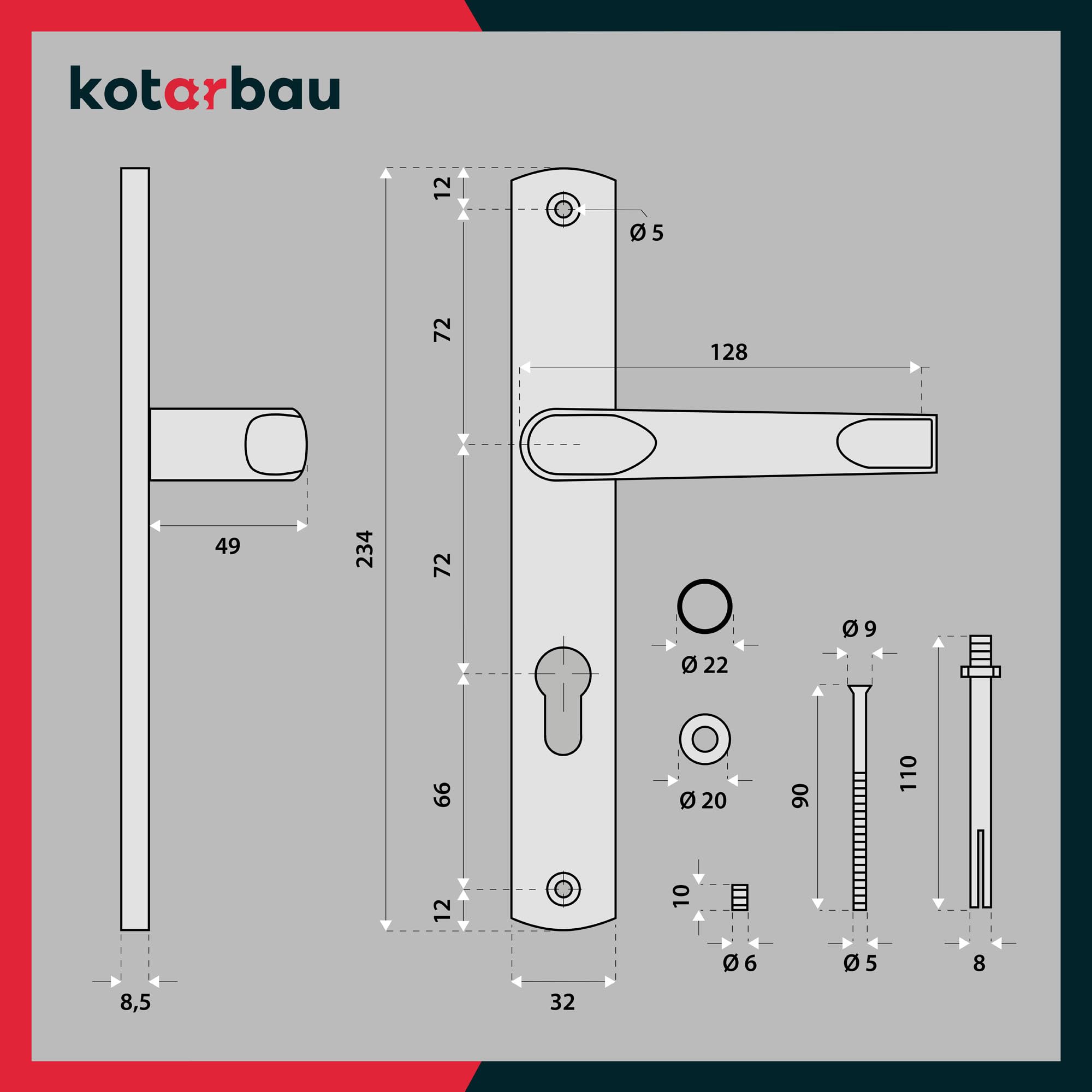 KOTARBAU® Poignée de Porte 72 mm - Cylindre Profilé en Aluminium - Longue Poignée Anthracite pour Porte Intérieure