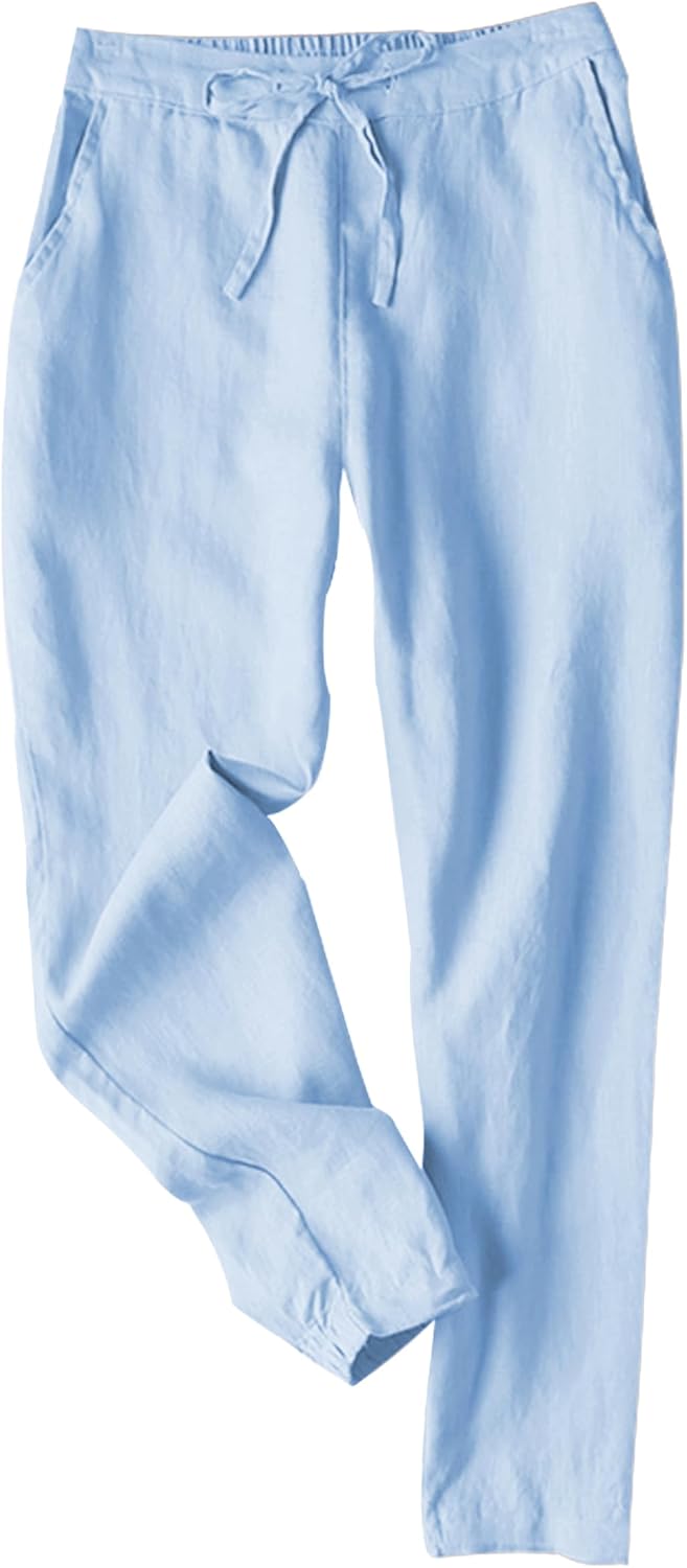 Tanming Linen Pants for Women Summer Casual High Waisted Drawstring White Beach Pant