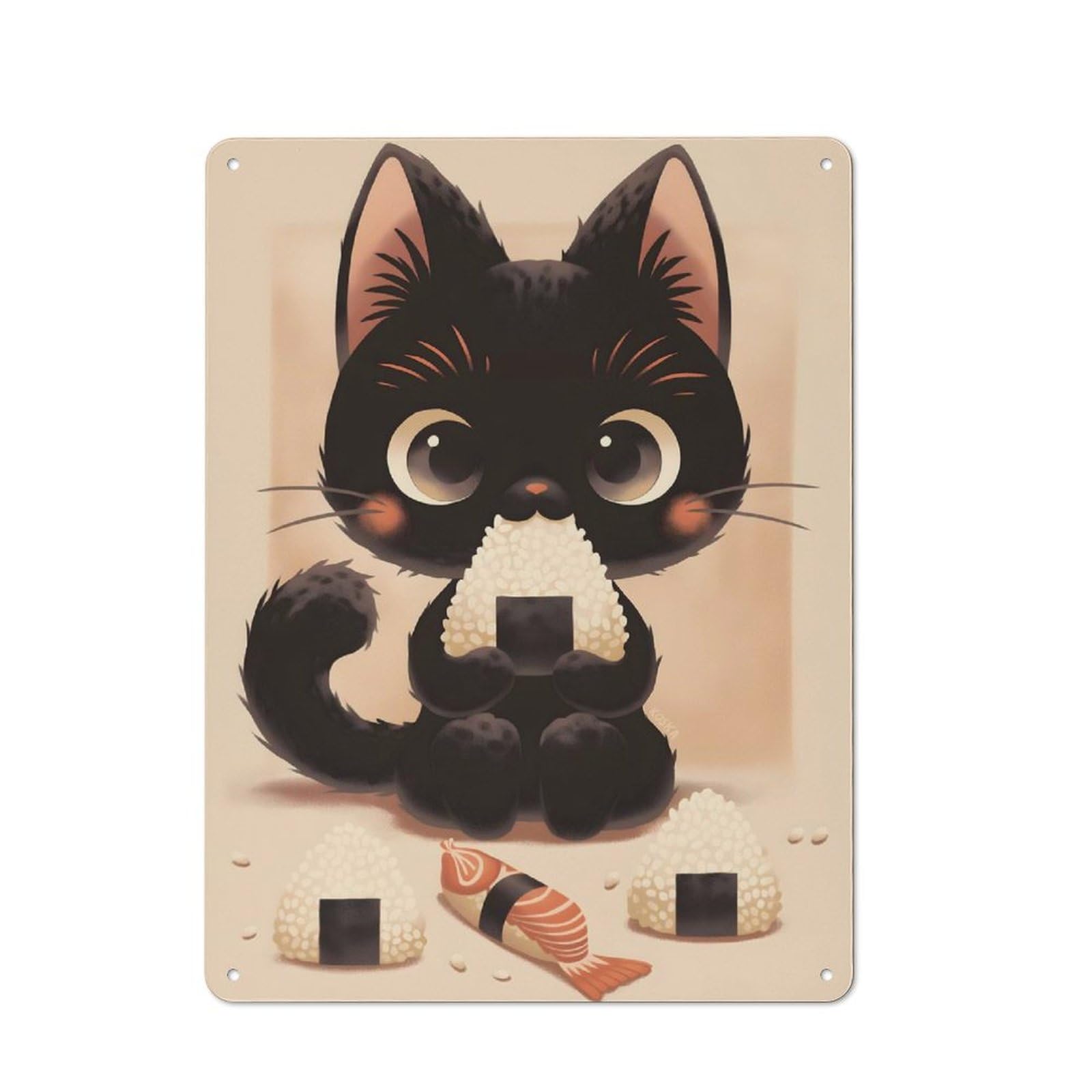Junmoney Style-4 Industrial Decorative Metal Plaque 40X30cm Featuring Black Cat Eating Onigiri, Urban Room Decor For Flat, Bar, Studio Or Gallery Wall