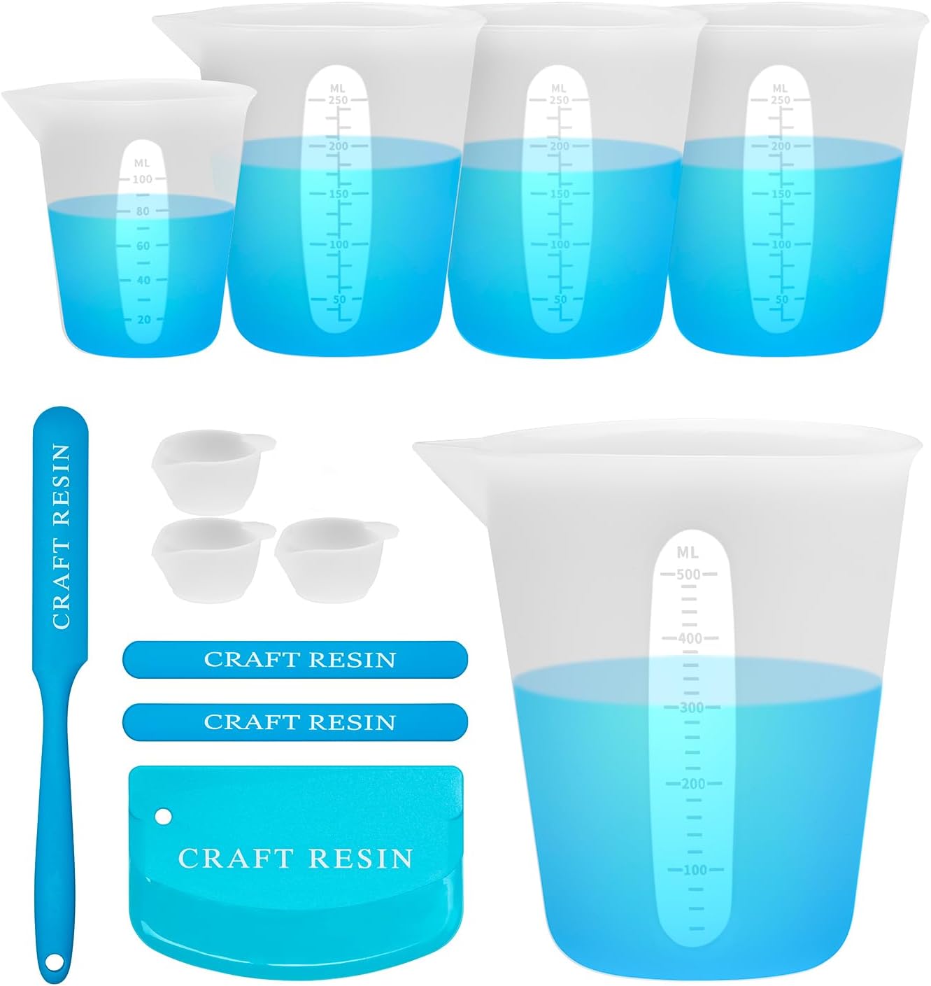 CRAFT RESIN Silicone Measuring Cups for Epoxy Resin – Set of 4 Epoxy Mixing Cups (500ml, 250ml, 100ml, 15ml) with Sticks & Spreader – Reusable Silicone Cups for DIY Art, Mold Casting, Jewelry Making