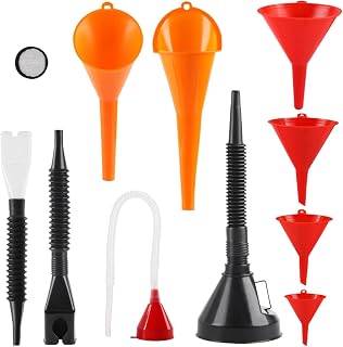 10PCS Funnels for Automotive Use, Wide Mouth Funnel Set with Removable Filter and Hose, Plastic Flexible Oil Funnel Kit, Long Neck Fuel Funnels, Oil Change Tools for Coolant, Gasoline, Water