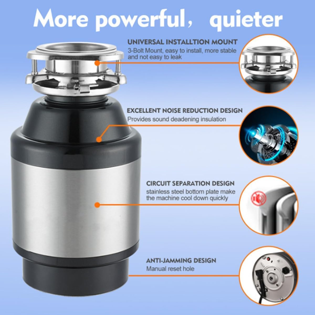 Tritarifiuti da Cucina da 560 W, Smaltimento dei Rifiuti Alimentari Ad Alimentazione Continua, con Collegamento per Lavastoviglie, Interruttore Wireless, capacità 1200 Ml