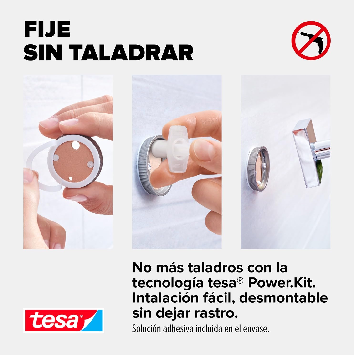 tesa Ekkro Escobilla de baño, metal cromado brillante, tecnología autoadhesiva de montaje en pared, 390 x 116 x 147 mm