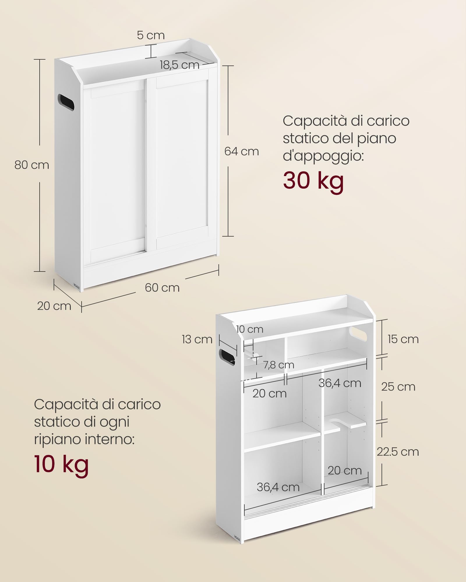 VASAGLE Mobile Bagno, Mobiletto Bagno Salvaspazio, Porta Carta Igienica e Scomparto per Scopino, Ante Scorrevoli, Ripiani Regolabili, accanto al WC, 20 x 60 x 80 cm, Bianco Nuvola BBC752W01