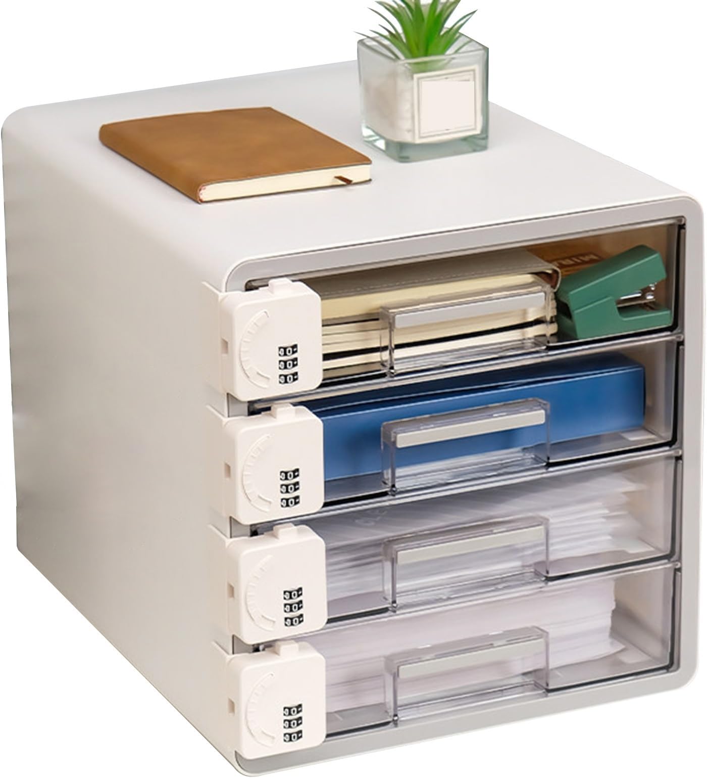 Lockable Desktop File Cabinet Office, 4-Drawer Storage Organizer With Combination Locks, Letter/A4 Size Document Holder, Filing Cabinet & Stationery Supply Case