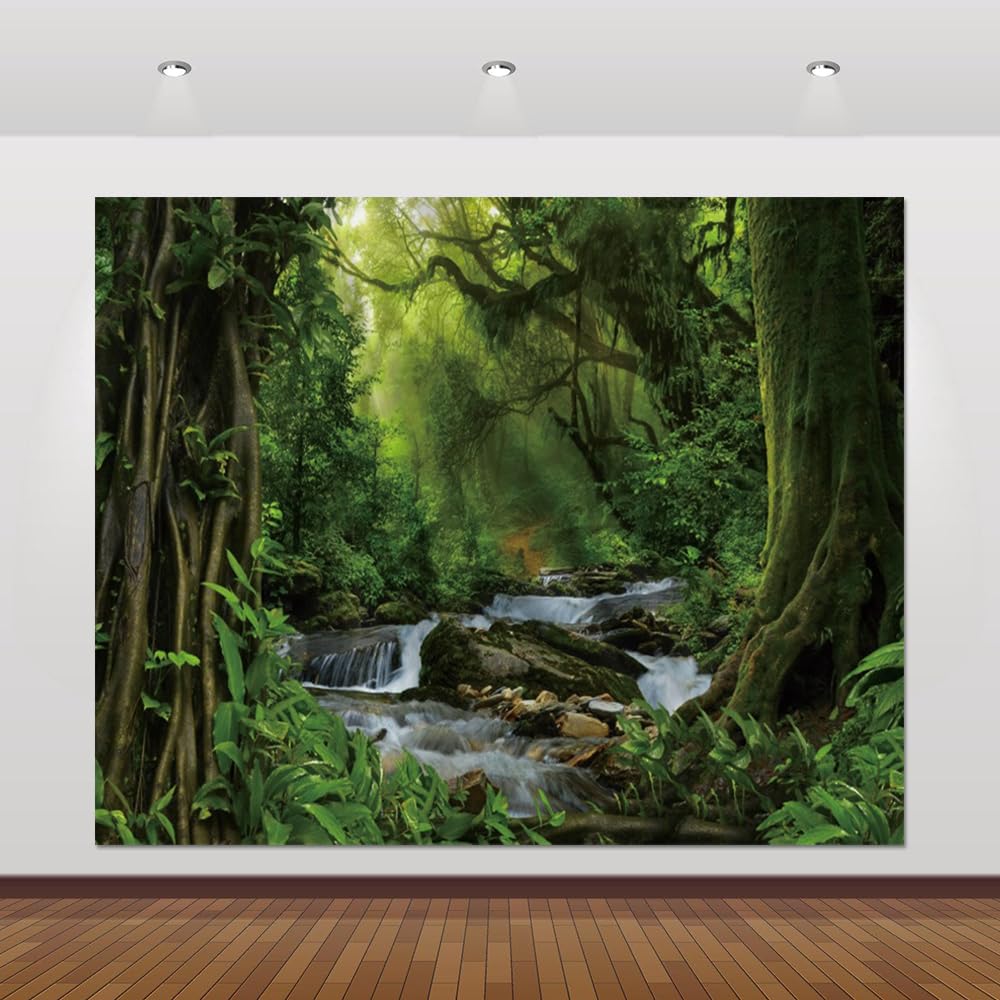 Jungle Forest Backdrop 10x8ft Tropical Rainforest Natural Scenery Enchanted Forest Photography Background Safari Kids Adults Birthday Party Banner