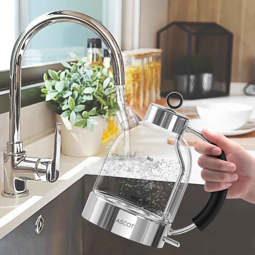 ASCOT Hervidor de agua de cristal, hervidor eléctrico regalos para hombres/mujeres/familias 1,5 L hervidor de agua a presión, protección contra ebullición en seco y apagado automático (plata)