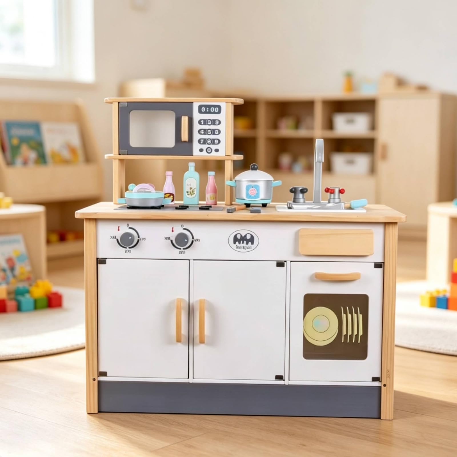 Cocina Juguete Estante y Armario Inferior con Puertas Incluye Utensilios Colgantes para Cocinar Acuado para Niños y Niñas en Habitación Infantil
